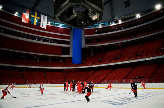 Detroit-spelarna tränar i Globen
