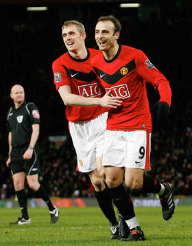 Dimitar Berbatov och Darren Fletcher, glädje, jubel över