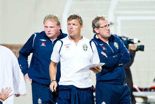 Jörgen Lennartsson, Marcus Allbäck, team manager och Erik