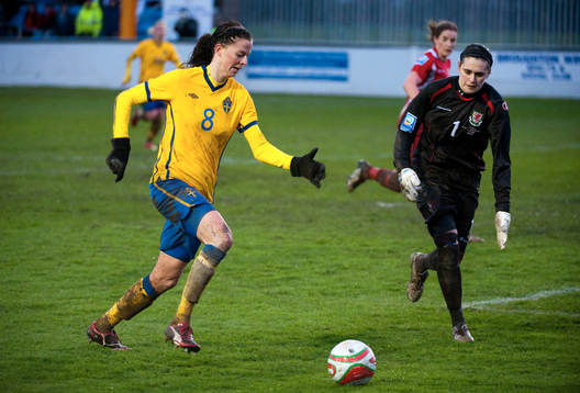 Lotta Schelin, Sverige och Rhian Nokes, målvakt Wales