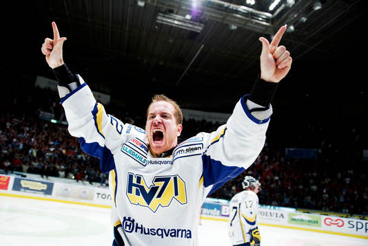 Matchvinnaren Teemu Laine, HV71, jubel, glädje. Svenska