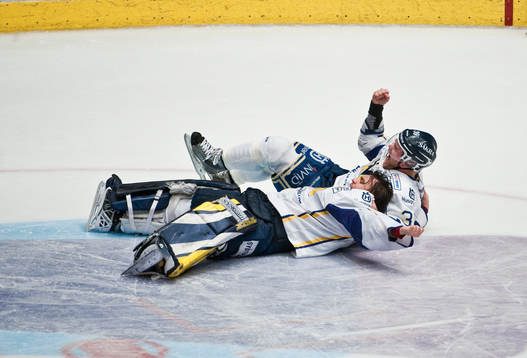 Jukka Voutilainen och Stefan Liv, målvakt HV71 jublar.
