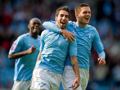 Jimmy Durmaz, Malmö har gjort 1-0, jubel med Ivo Pekalski
