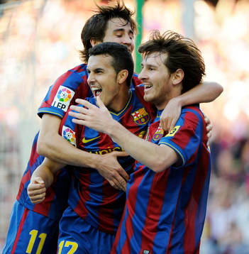 Bojan, Pedro och Lionel Messi, jubel