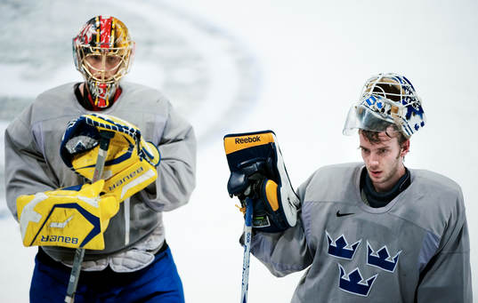 Jacob Markström, målvakt, och Jonas Gustavsson, målvakt