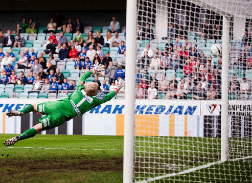 Hammarby har en boll i stolpen bakom Peter Abrahamsson,