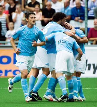 Agon Mehmeti, Yago Fernandez och Jiloan Hamad, Malmö jubel