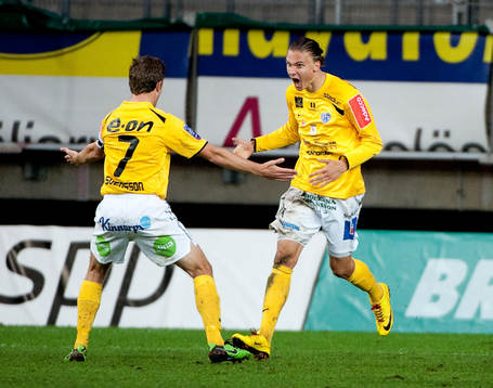 Erik Johansson, Falkenberg, gör 0-1, jubel David Svensson