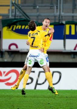 Erik Johansson, Falkenberg, gör 0-1, jubel David Svensson