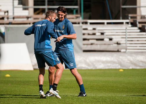 Olof Mellberg och Zlatan Ibrahimovic hoppar omkring