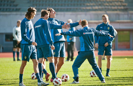Zlatan Ibrahimovic illustrerar hur Petter Hansson kramar