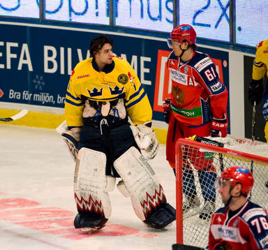 Stefan Liv, målvakt, Sverige och Maxim Afinogenov, Ryssland
