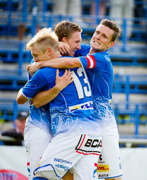 Trelleborgs tre målskyttar Marcus Pode, Kristian Haynes