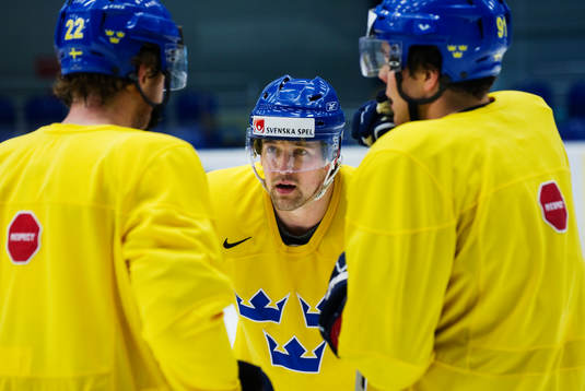 Patrik Berglund pratar med David Petrasek och Magnus