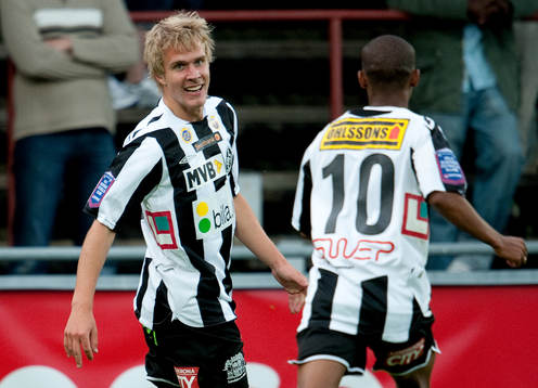 Linus Olsson, Landskrona, gör 0-1, jubel