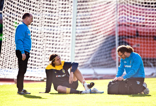 Landalagsläkare Leif Swärd kollar till Zlatan Ibrahimovic