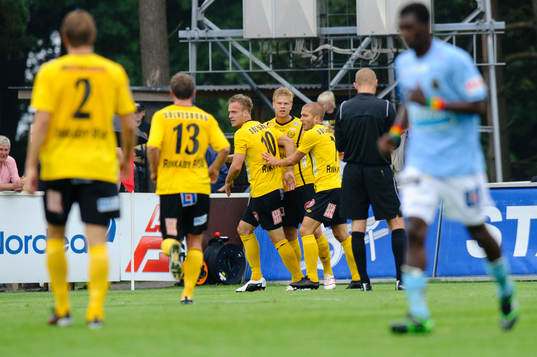 David Löfquist, Mjällby, gör 1-0. Jubel