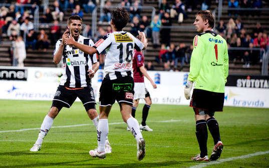 Ajsel Kujovic, Patrik Åström, Landskrona, jubel 2-0