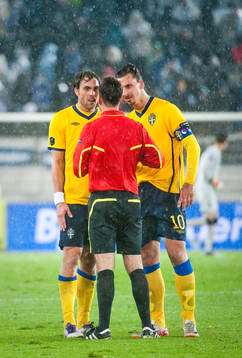 Johan Elmander och Zlatan Ibrahimovic, Sverige, diskuterar