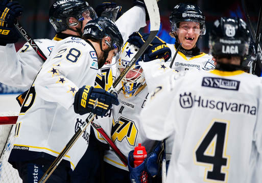 HV71-spelare samlas kring Daniel Larsson, målvakt