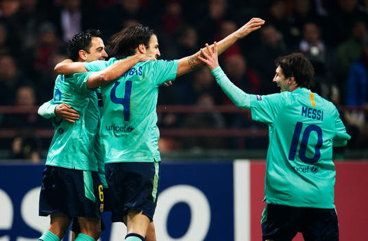 Xavi Hernandez, Cesc Fabregas och Lionel Messi, Barcelona,