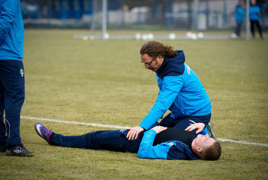 Richard Dahan tar hand om John Guidetti som har ont