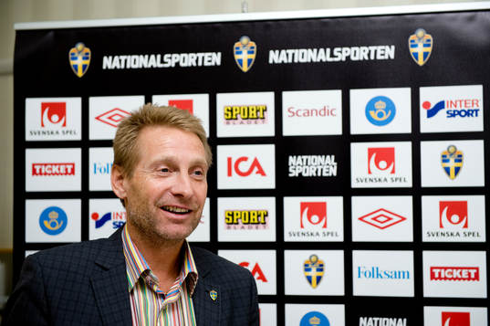 Fotboll, landslag, presskonferens med Svenska