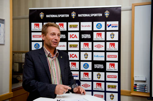 Fotboll, landslag, presskonferens med Svenska