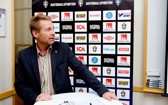 Fotboll, landslag, presskonferens med Svenska