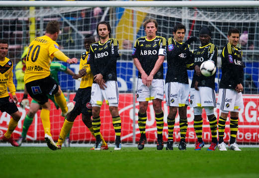 Marcus Ekenberg, Mjällby, skjuter mot AIK-muren. Försvar,