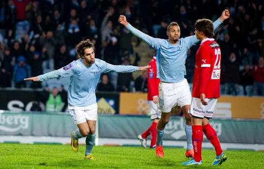 Jimmy Durmaz, Mathias Ranégie, Malmö FF jubel vid 2-0