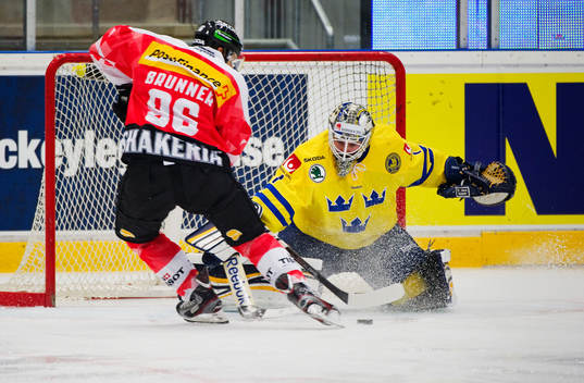 Damien Brunner, Schweiz, gör 0-1 bakom Jhonas Enroth,