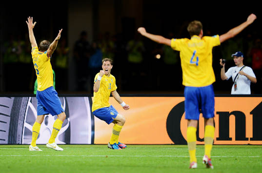 Olof Mellberg, Johan Elmander och Andreas Granqvist,