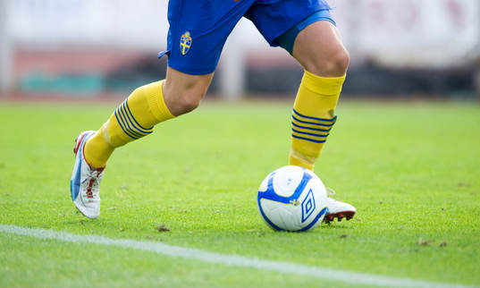 Fot, boll, gräsmatta, fotbollsskor, fotbollsstrumpor