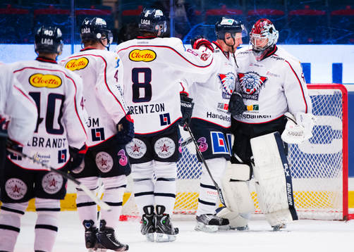 Andreas Andersson, målvakt, Linköping, kramas om