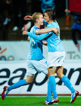 Filip Helander och Simon Thern, Malmö FF, jublar