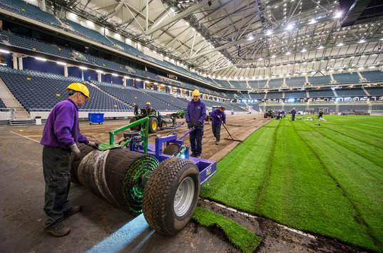Gräset rullas ut på Sverige nya Nationalarena