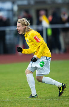 Johan Svahn, Falkenberg, gör 2-1, jubel