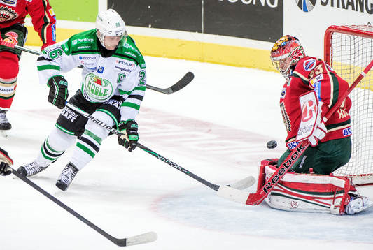 Jakob Johansson, Rögle, provar ett skott på Julius