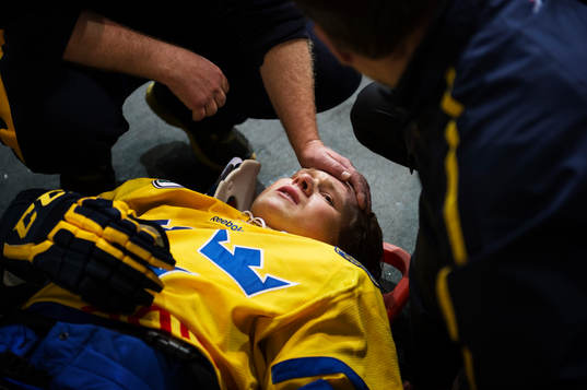 Jesper Pettersson, Sverige, tas om hand av landslagspersonal