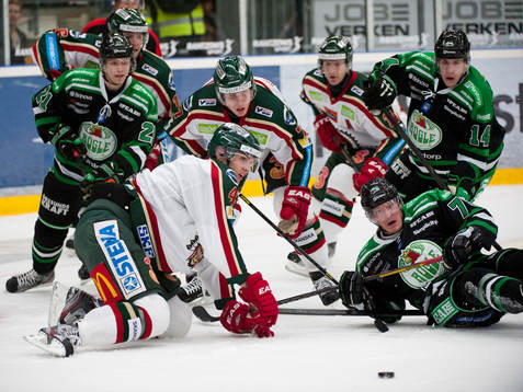 Frölunda  och Rögle spelare tittaer