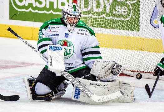 Jonas Fransson, målvakt, Rögle, räddar ett skott
