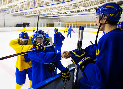 Jacob de la Rose, Tom Nilsson och Filip Forsberg skojar med