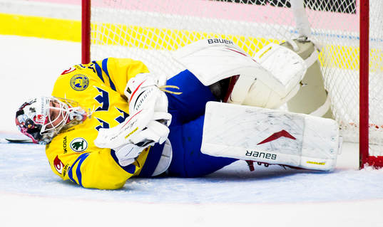 Johan Gustafsson, målvakt, Sverige, skadar sig och tvingas
