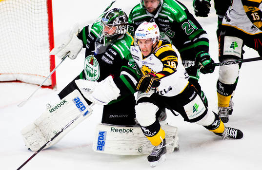 Jakob Johansson, Martin Gerber, målvakt, Rögle, i kamp
