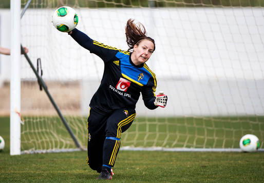 Carola Söberg, målvakt, Sverige, kastar ut bollen