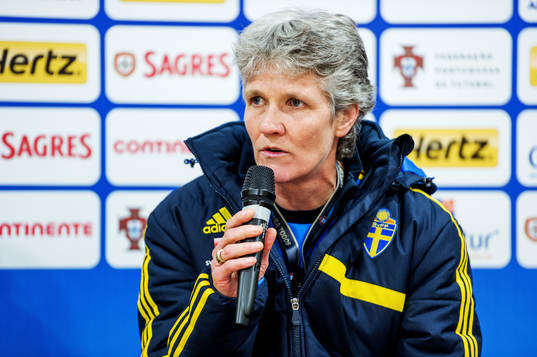 Pia Sundhage, förbundskapten, Sverige, på presskonferensen