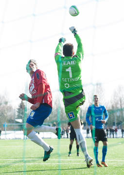 Stojan Lukic, målvakt, Halmstad, boxar framför Oskar