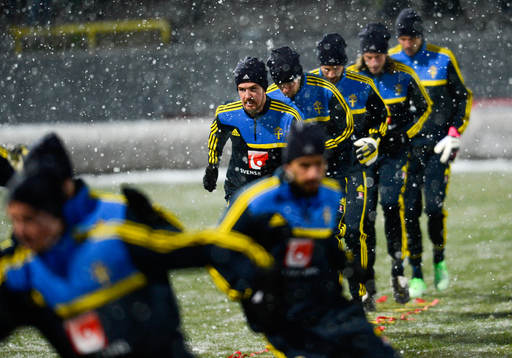 Spelare deltar i Sveriges herrlandslaget träningspass på