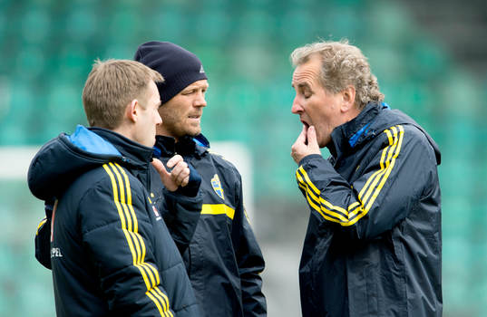 Erik Hamrén och Marcus Allbäck, tränare Sverige